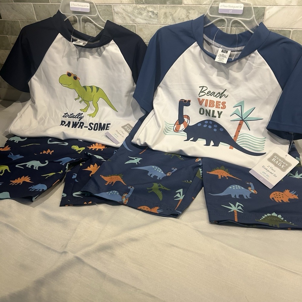 2 Hudson Baby 2 Piece Short Sleeve Rash Guard Sets 5T Dinosaur UPF 50+ NEW